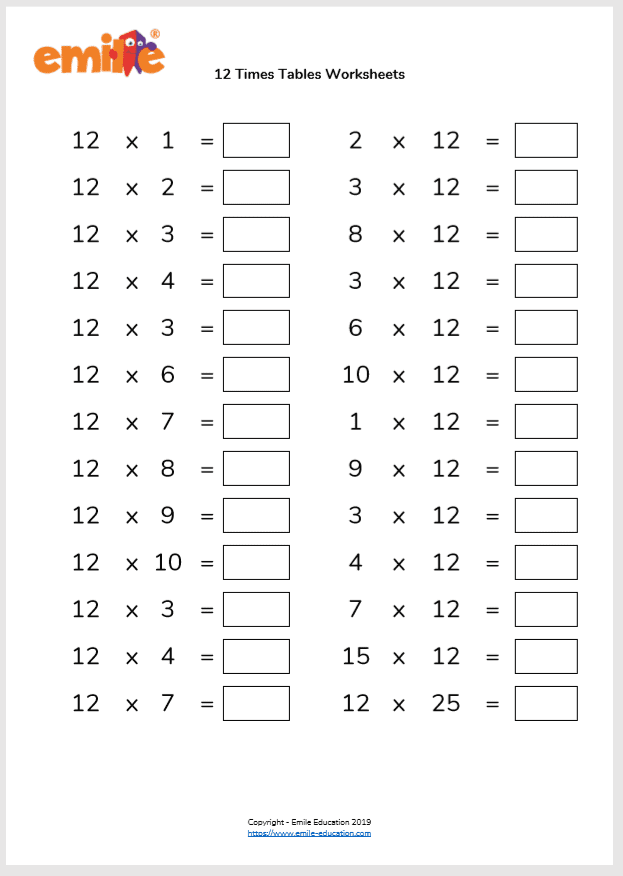 12 Times Tables Worksheet