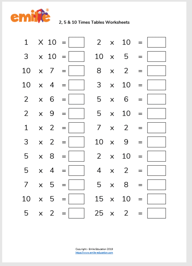 2 5 & 10 Times Tables Worksheet