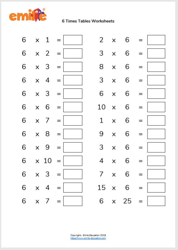 Multiplication 6 Worksheets