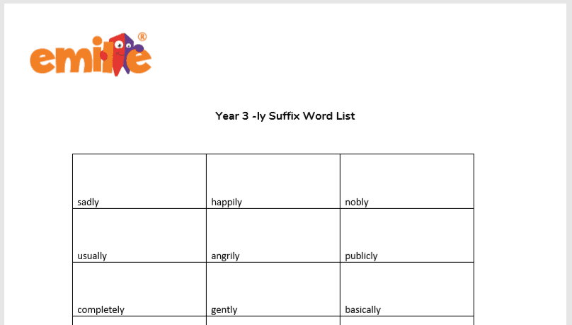 Year 3 -ly suffix Word List