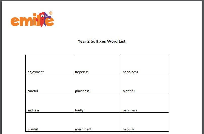 Y2 Suffix word list