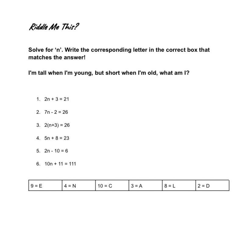Year 6 algebra Riddle Me This activity
